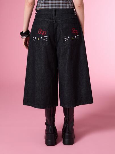 HELLO KITTY AND FRIENDS | COUREZ Skater Denim Jorts With Embroidery / Y2K Pants Fall Clothes For Women Winter Clothes For Women Holiday Outfits For Women Jeans For Women