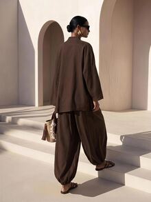 Zivah Setelan Wanita 2 Potong Model Baru Bahan Linen Longgar Gaya Cina: Atasan Kancing + Celana Lentera - Coklat - View 3
