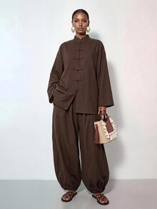 Zivah Setelan Wanita 2 Potong Model Baru Bahan Linen Longgar Gaya Cina: Atasan Kancing + Celana Lentera - Coklat - View 8
