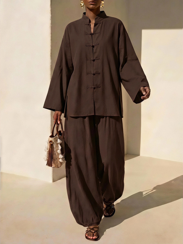 Zivah New Loose Linen New Chinese Style Button Top + Lantern Pants Women's 2 Pieces Set