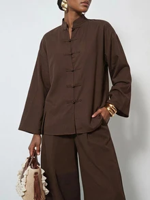Zivah Setelan Wanita 2 Potong Model Baru Bahan Linen Longgar Gaya Cina: Atasan Kancing + Celana Lentera - Coklat - View 10