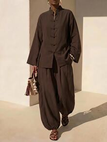 Zivah Setelan Wanita 2 Potong Model Baru Bahan Linen Longgar Gaya Cina: Atasan Kancing + Celana Lentera - Coklat - View 4