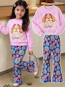 Maija Kids SHEIN | PAW Patrol Maija Kids 小女孩兒童字母印花長袖運動衫與雛菊印花喇叭褲套裝 生日幼兒園紫色橘色秋季嬰兒 - 粉色 - 查看 6
