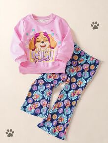 Maija Kids SHEIN | PAW Patrol Maija Kids 小女孩兒童字母印花長袖運動衫與雛菊印花喇叭褲套裝 生日幼兒園紫色橘色秋季嬰兒 - 粉色 - 查看 9