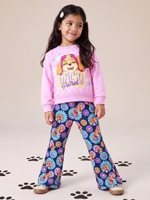 Maija Kids SHEIN | PAW Patrol Maija Kids 小女孩兒童字母印花長袖運動衫與雛菊印花喇叭褲套裝 生日幼兒園紫色橘色秋季嬰兒 - 粉色 - 查看 4