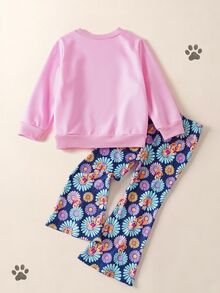 Maija Kids SHEIN | PAW Patrol Maija Kids 小女孩兒童字母印花長袖運動衫與雛菊印花喇叭褲套裝 生日幼兒園紫色橘色秋季嬰兒 - 粉色 - 查看 3