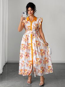 Elenzga 歐美時尚印花荷葉袖領口單排扣收腰喇叭裙女款，修身優雅長洋裝，大尺碼 - 彩色 - 查看 5