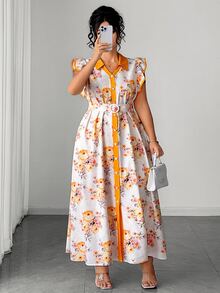 Elenzga 歐美時尚印花荷葉袖領口單排扣收腰喇叭裙女款，修身優雅長洋裝，大尺碼 - 彩色 - 查看 6