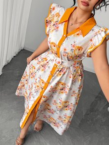 Elenzga 歐美時尚印花荷葉袖領口單排扣收腰喇叭裙女款，修身優雅長洋裝，大尺碼 - 彩色 - 查看 1
