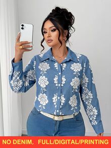 Linhara CURVE 大尺碼女款休閒日常丹寧藍印花長袖百搭襯衫 - 彩色 - 查看 3
