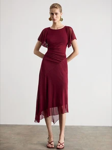 Aveloria Modichic European American Style Spring/Summer Fashion Versatile Knit Ruched Waist Elegant Women's Mid-Length Dress Wedding Party Mother Of The Bride Burgundy - Burgundy - View 6