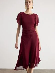 Aveloria Modichic European American Style Spring/Summer Fashion Versatile Knit Ruched Waist Elegant Women's Mid-Length Dress Wedding Party Mother Of The Bride Burgundy - Burgundy - View 2