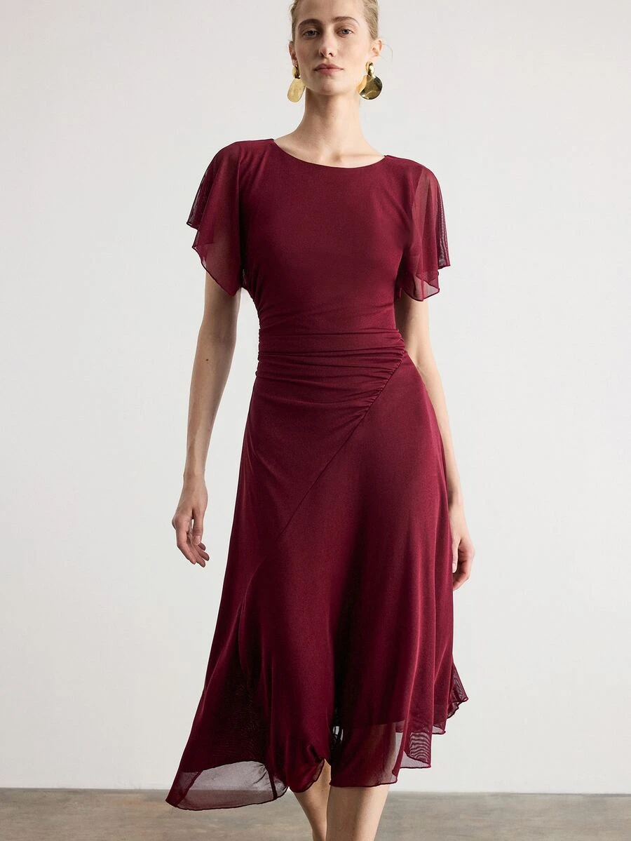 Aveloria Modichic European American Style Spring/Summer Fashion Versatile Knit Ruched Waist Elegant Women's Mid-Length Dress Wedding Party Mother Of The Bride Burgundy