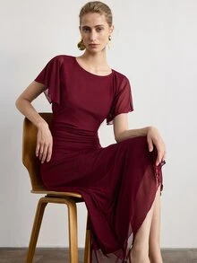 Aveloria Modichic European American Style Spring/Summer Fashion Versatile Knit Ruched Waist Elegant Women's Mid-Length Dress Wedding Party Mother Of The Bride Burgundy - Burgundy - View 5