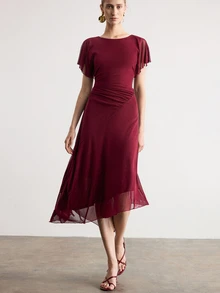 Aveloria Modichic European American Style Spring/Summer Fashion Versatile Knit Ruched Waist Elegant Women's Mid-Length Dress Wedding Party Mother Of The Bride Burgundy - Burgundy - View 4