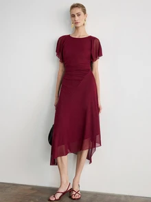 Aveloria Modichic European American Style Spring/Summer Fashion Versatile Knit Ruched Waist Elegant Women's Mid-Length Dress Wedding Party Mother Of The Bride Burgundy - Burgundy - View 8