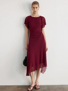 Aveloria Modichic European American Style Spring/Summer Fashion Versatile Knit Ruched Waist Elegant Women's Mid-Length Dress Wedding Party Mother Of The Bride Burgundy - Burgundy - View 7