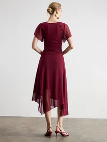 Aveloria Modichic European American Style Spring/Summer Fashion Versatile Knit Ruched Waist Elegant Women's Mid-Length Dress Wedding Party Mother Of The Bride Burgundy - Burgundy - View 3