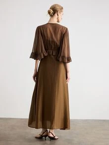 Aveloria Modichic Women's Sexy Deep V-Neck Tie-Front 3/4 Sleeve Ruffle Hem Tencel Plain Weave 2 In 1 Dress With Oversized Skirt - Brown - View 2