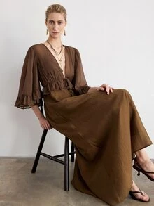 Aveloria Modichic Women's Sexy Deep V-Neck Tie-Front 3/4 Sleeve Ruffle Hem Tencel Plain Weave 2 In 1 Dress With Oversized Skirt - Brown - View 7