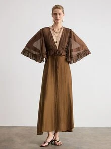 Aveloria Modichic Women's Sexy Deep V-Neck Tie-Front 3/4 Sleeve Ruffle Hem Tencel Plain Weave 2 In 1 Dress With Oversized Skirt - Brown - View 3