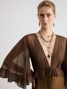 Aveloria Modichic Women's Sexy Deep V-Neck Tie-Front 3/4 Sleeve Ruffle Hem Tencel Plain Weave 2 In 1 Dress With Oversized Skirt - Brown - View 6