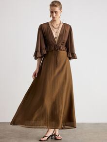 Aveloria Modichic Women's Sexy Deep V-Neck Tie-Front 3/4 Sleeve Ruffle Hem Tencel Plain Weave 2 In 1 Dress With Oversized Skirt - Brown - View 5