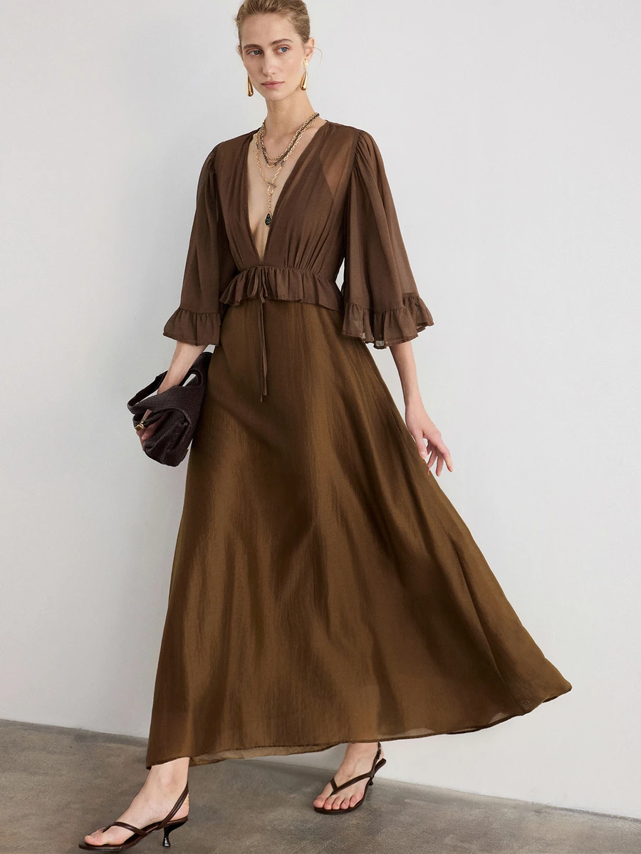 Aveloria Modichic Women's Sexy Deep V-Neck Tie-Front 3/4 Sleeve Ruffle Hem Tencel Plain Weave 2 In 1 Dress With Oversized Skirt - Brown - View 1