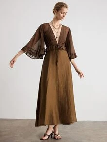 Aveloria Modichic Women's Sexy Deep V-Neck Tie-Front 3/4 Sleeve Ruffle Hem Tencel Plain Weave 2 In 1 Dress With Oversized Skirt - Brown - View 4