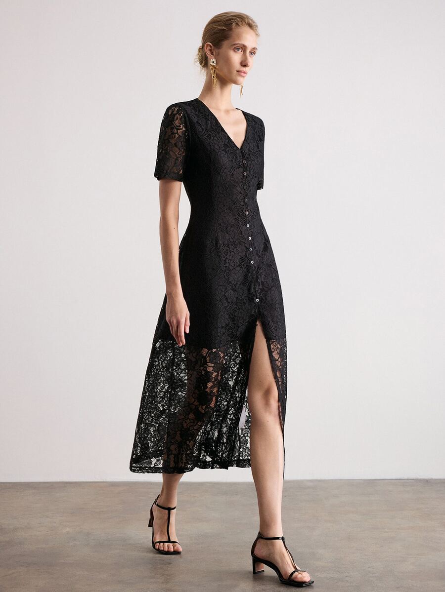 Aveloria Modichic Spring/Summer Lace V-Neck Cinched Waist Flared Elegant Romantic French Dinner Cocktail Women's Long Dress Black Floral - Black - View 1