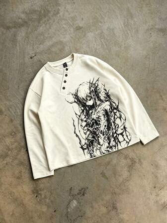 Street Life Lässiges Langarm-T-Shirt mit Cartoon-Charakter-Muster und Knopfdekor