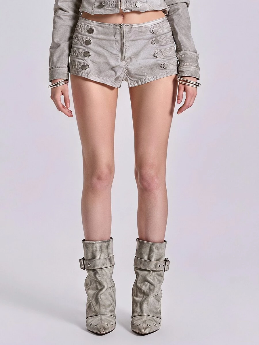 ROMWE Y2K Wasteland Punk Hot Girl Napoleon Button Decor Dirty Wash Denim Mini Shorts - Grey - View 1