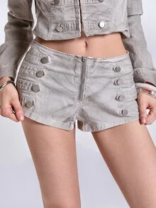 ROMWE Y2K Wasteland Punk Hot Girl Napoleon Button Decor Dirty Wash Denim Mini Shorts - Grey - View 3