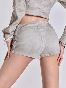 ROMWE Y2K Wasteland Punk Hot Girl Napoleon Button Decor Dirty Wash Denim Mini Shorts - Grey - View 4