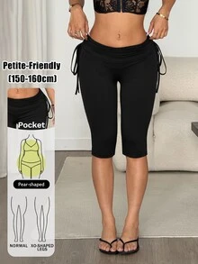 SHEIN PETITE Celana Capri Wanita dengan Tali Serut, Legging Kasual Elastisitas Tinggi - Hitam - View 1