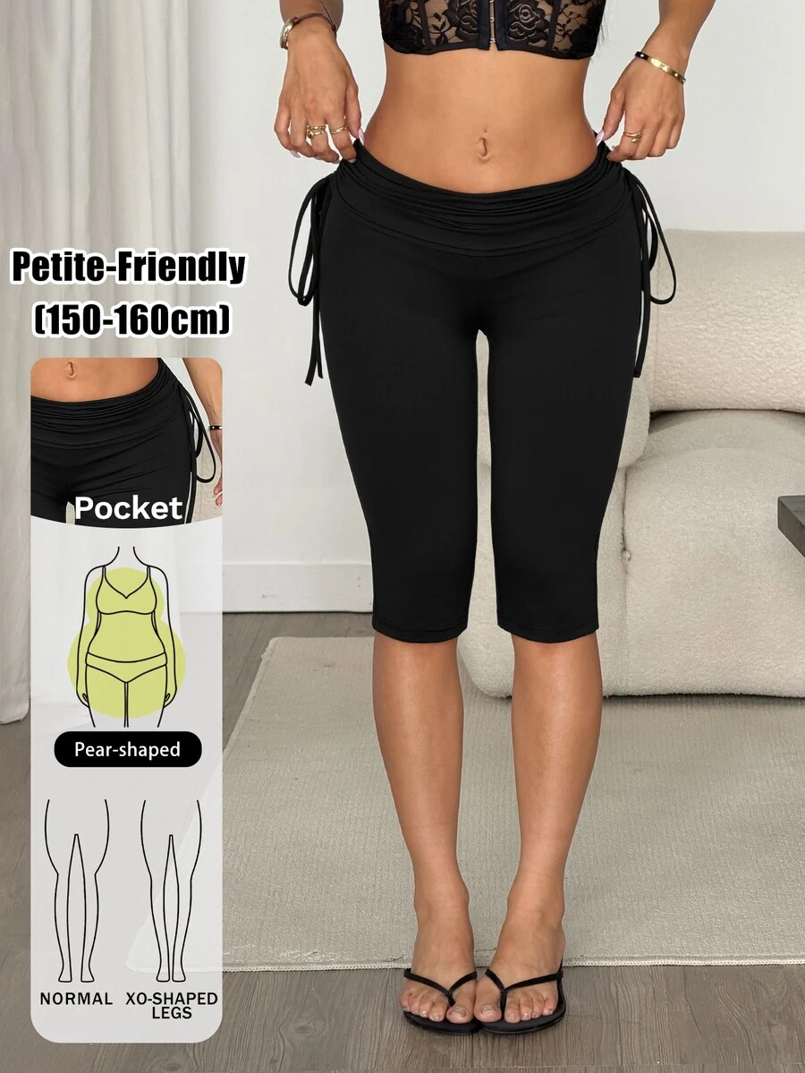 SHEIN PETITE Celana Capri Wanita dengan Tali Serut, Legging Kasual Elastisitas Tinggi - Hitam - View 1