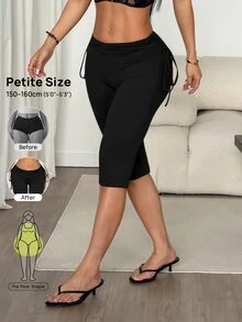 SHEIN PETITE Celana Capri Wanita dengan Tali Serut, Legging Kasual Elastisitas Tinggi - Hitam - View 3