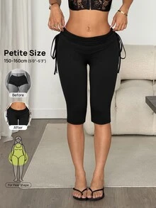 SHEIN PETITE Celana Capri Wanita dengan Tali Serut, Legging Kasual Elastisitas Tinggi - Hitam - View 7