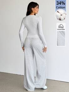 SHEIN Tall 女款純色圓領長袖T恤與長褲休閒兩件套居家日常淺灰色秋季 - 灰色 - 查看 3