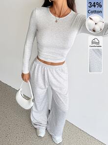 SHEIN Tall 女款純色圓領長袖T恤與長褲休閒兩件套居家日常淺灰色秋季 - 灰色 - 查看 5