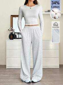 SHEIN Tall 女款純色圓領長袖T恤與長褲休閒兩件套居家日常淺灰色秋季 - 灰色 - 查看 10