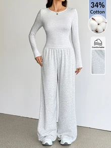SHEIN Tall 女款純色圓領長袖T恤與長褲休閒兩件套居家日常淺灰色秋季 - 灰色 - 查看 6