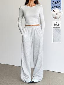 SHEIN Tall 女款純色圓領長袖T恤與長褲休閒兩件套居家日常淺灰色秋季 - 灰色 - 查看 9