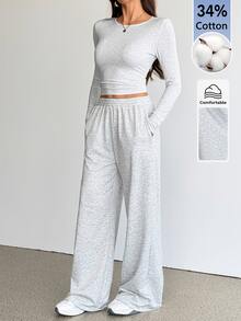 SHEIN Tall 女款純色圓領長袖T恤與長褲休閒兩件套居家日常淺灰色秋季 - 灰色 - 查看 8