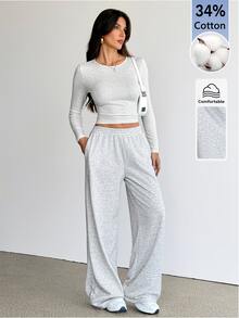 SHEIN Tall 女款純色圓領長袖T恤與長褲休閒兩件套居家日常淺灰色秋季 - 灰色 - 查看 4