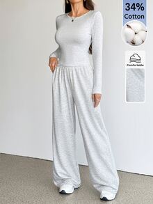 SHEIN Tall 女款純色圓領長袖T恤與長褲休閒兩件套居家日常淺灰色秋季 - 灰色 - 查看 7