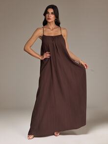 SHEIN Tall Women's Solid Color Pleated Loose Cami Dress - Coffee - View 3