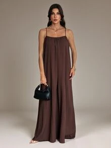 SHEIN Tall Women's Solid Color Pleated Loose Cami Dress - Coffee - View 6