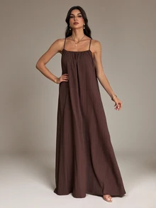 SHEIN Tall Women's Solid Color Pleated Loose Cami Dress - Coffee - View 5