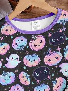 SHEIN Tween女孩睡衣 新款手電筒螢光發光萬聖節主題南瓜、幽靈、貓咪圖案滿版印花針織高彈性圓領修身2件套 1套修身睡衣 - 彩色 - 查看 4
